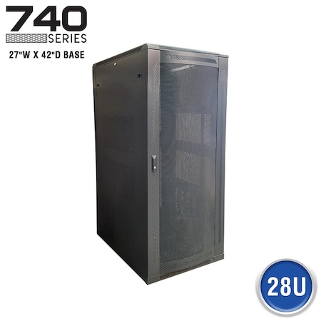 Quest Mfg Floor Enclosure Server Cabinet, Vented Mesh Door, 28U, 4' x 27"W x 42"D, Black FE7419-28-02